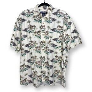 Vintage 90s Y2K Crossings Mens XL Short Sleeve Button Up Tiki Hut Hawaiian Shirt